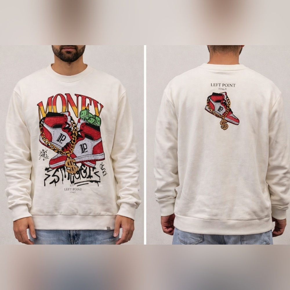 NWT LEFT POINT Money Sneaker Rhinestone Graphic Crewneck Sweatshirt White Size L